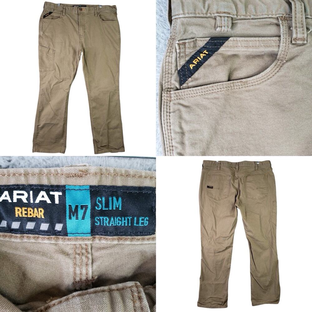 Ariat Rebar Cargo Pants M7 Slim Straight Leg Tan 40X30 Cotton Blend Work Canvas